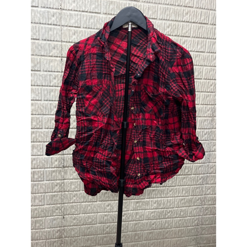 Love Notes Red Black Plaid Distressed Long‎ Sleeve Button Up Shirt Top Womens M